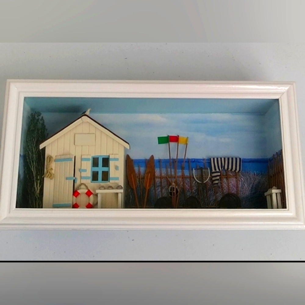 "THE BEACH IS CALLING". Hanging Wall Curio Cabinet Art Design Scenario.
